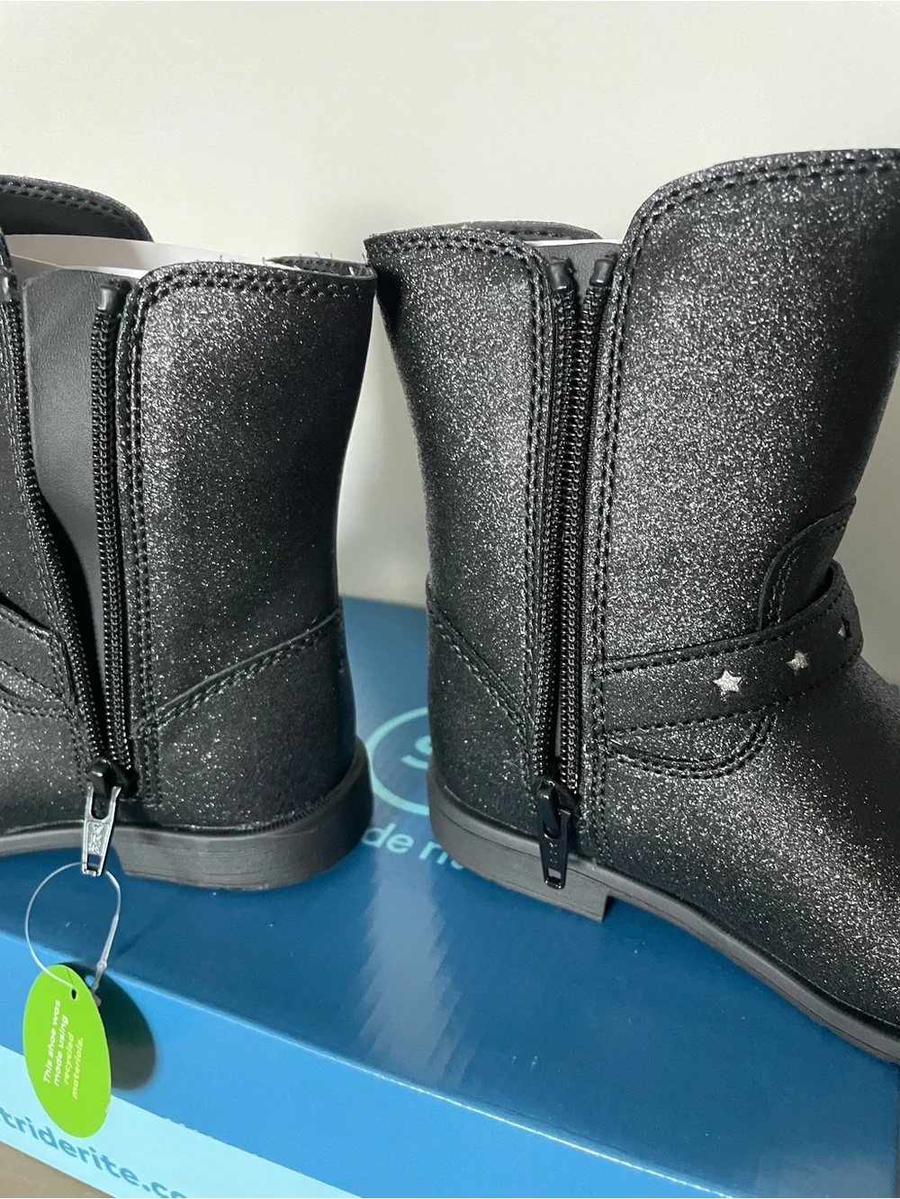 Stride Rite Sr Lizz Black Shimmer Boots Toddler Girl Zip Stars Mid Calf NEW Box
